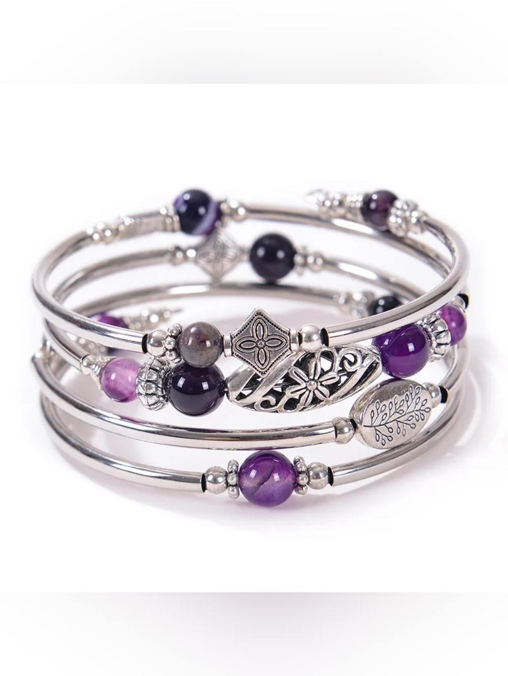 Silver-Plated Purple Beaded Multi-Layer Bangle Bracelet